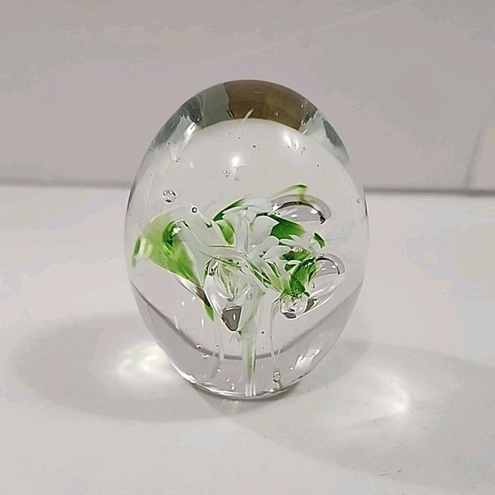 VTG 1978 George Good Paperweight Art Glass Flowers Green & White Swirl Egg